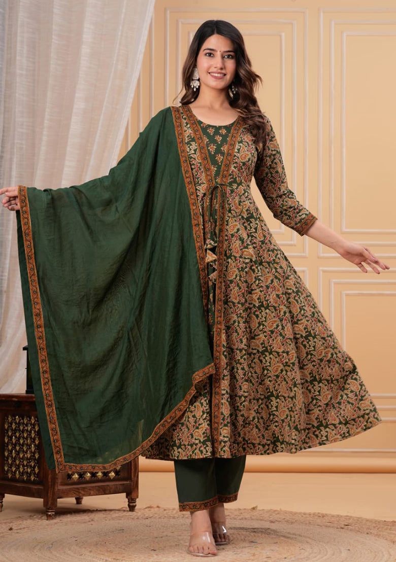 green dress matching dupatta Buy Mehendi Green Silk Suit Set Online – Best Price UAE – Nitka Designs main image 0