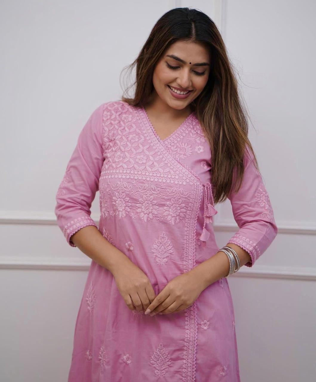 Pink Embroidered Cotton Kurta Pant Se