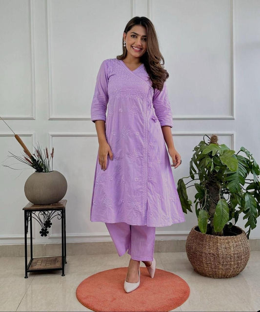 Lavender Embroidered Cotton Kurta Pant Set
