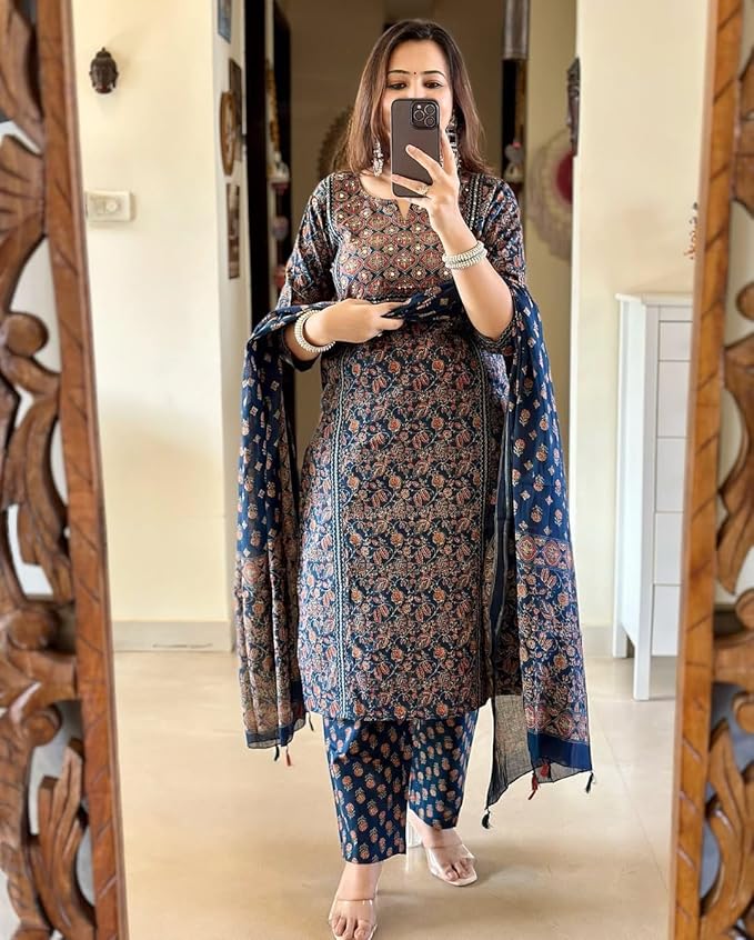 Navy Blue Ajrakh Printed Kurta Set with Dupatta