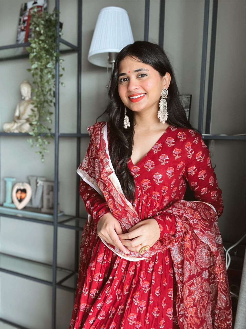 Red Floral Printed Anarkali Kurta Palazzo Set with Dupatta