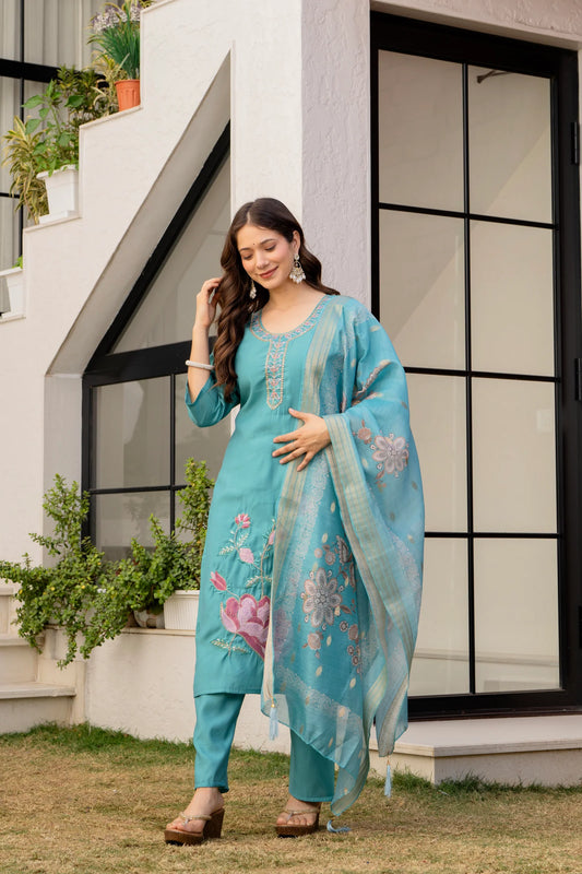 Teal Blue Embroidered Kurta Set with Floral Dupatta