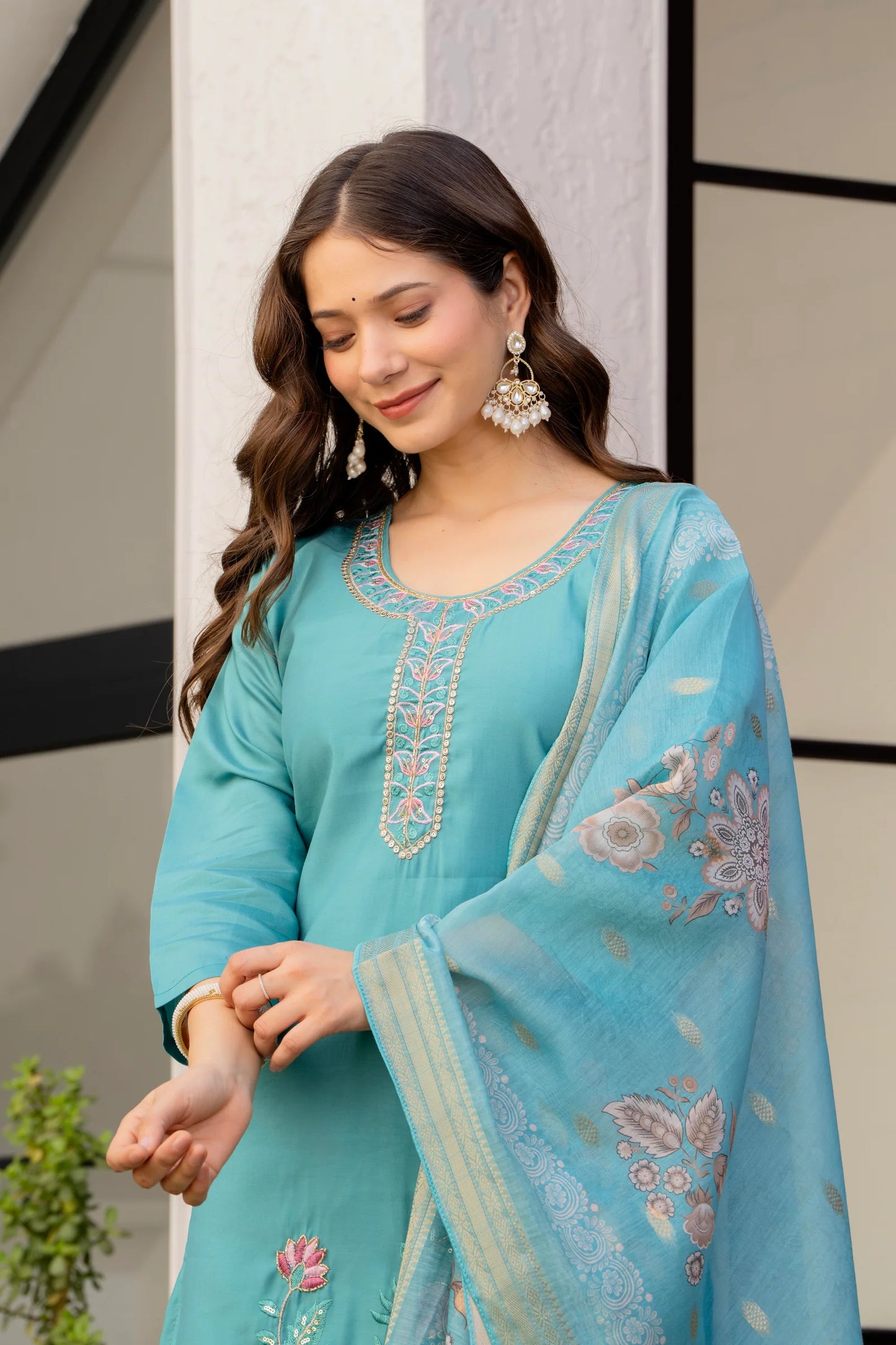 Teal Blue Embroidered Kurta Set with Floral Dupatta