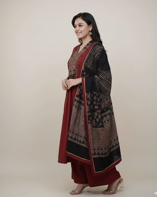 Maroon Printed Kurta Set with Contrast Dupatta