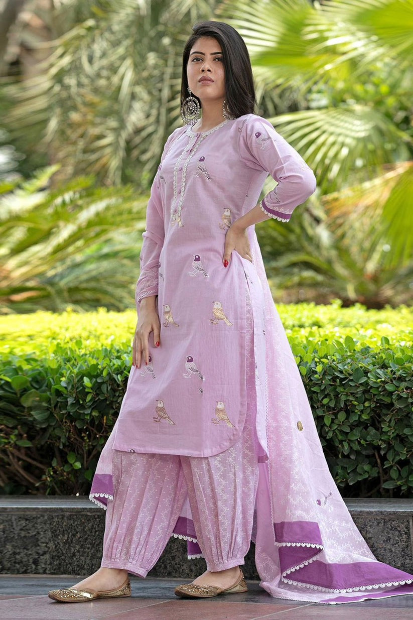 Jaipur Kurta Lavender Bird Motif Cotton Kurti Set