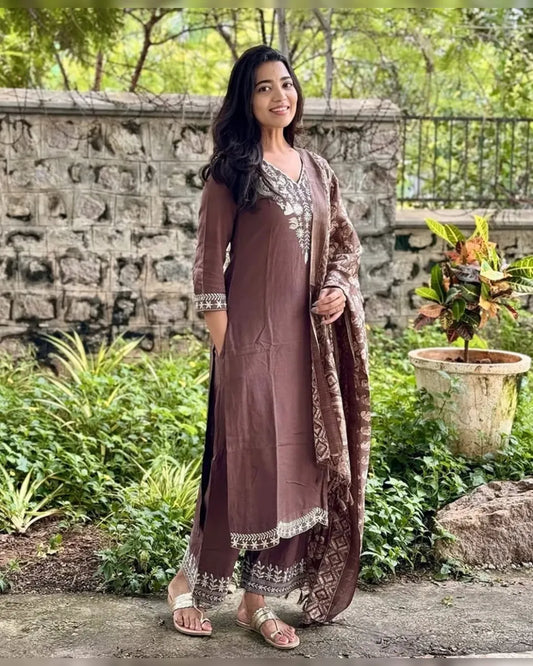 Women Ethnic Motifs Embroidered Pure Cotton Kurta with Trousers & Dupatta