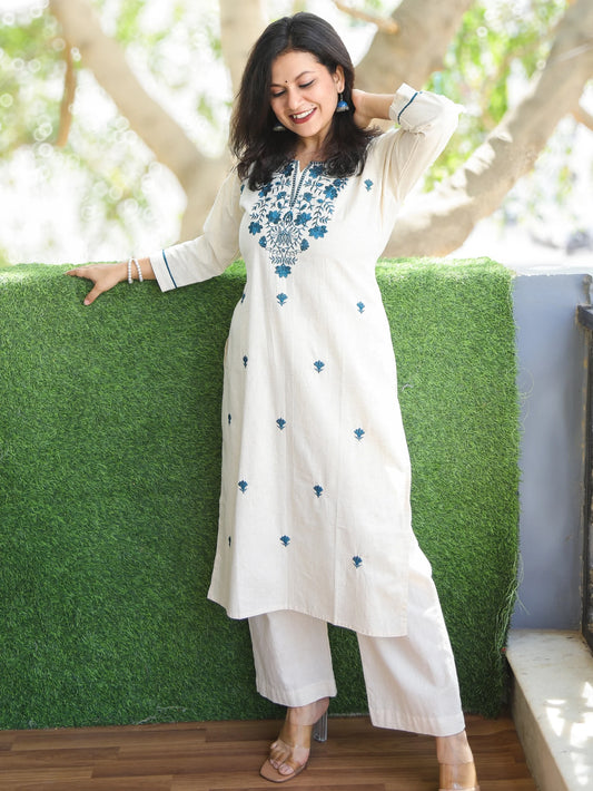 Cream White with Blue Thread Embroidery Neck Work Cotton Kurti