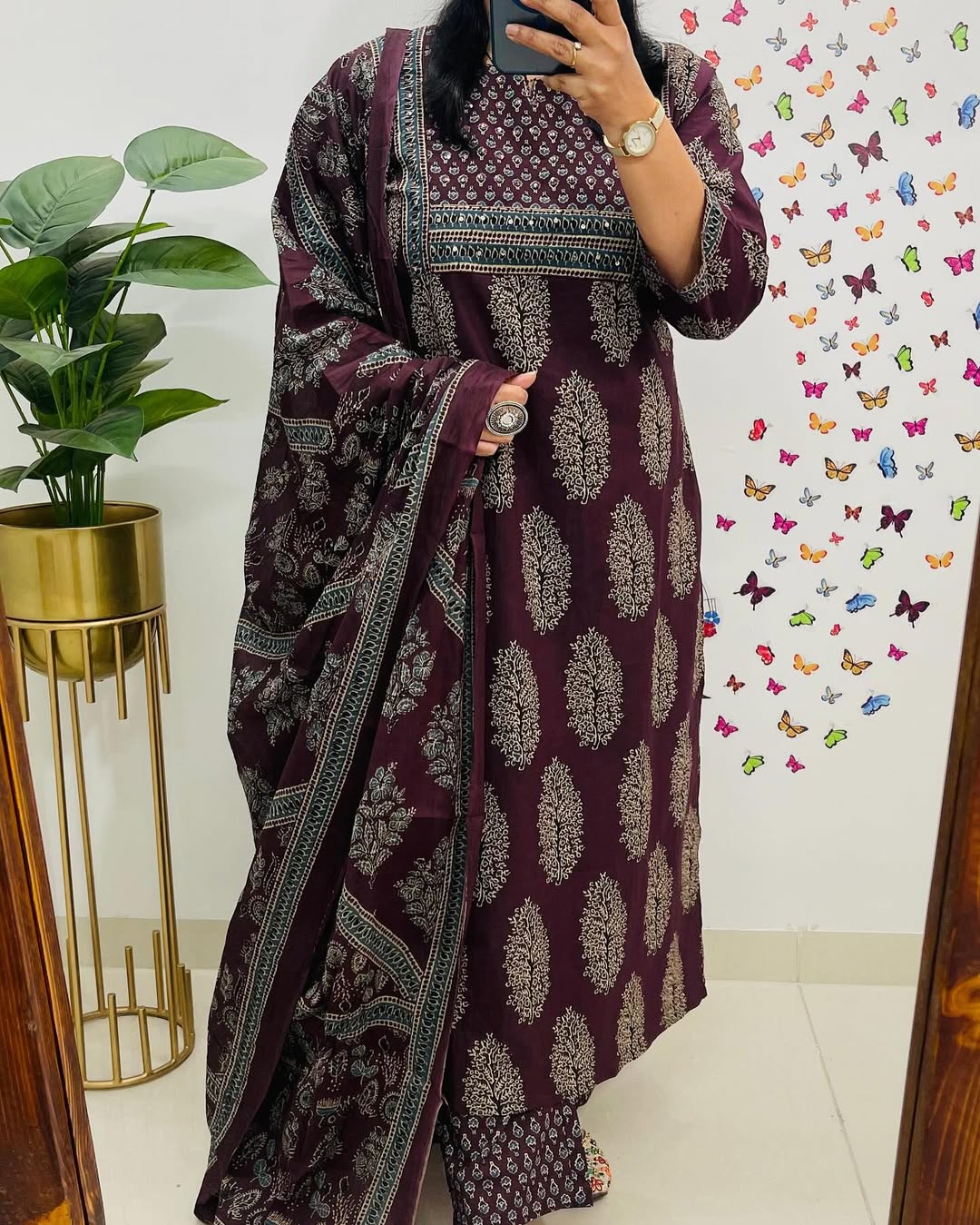 Wine Ajrakh Printed Kurta Pant Dupatta Set
