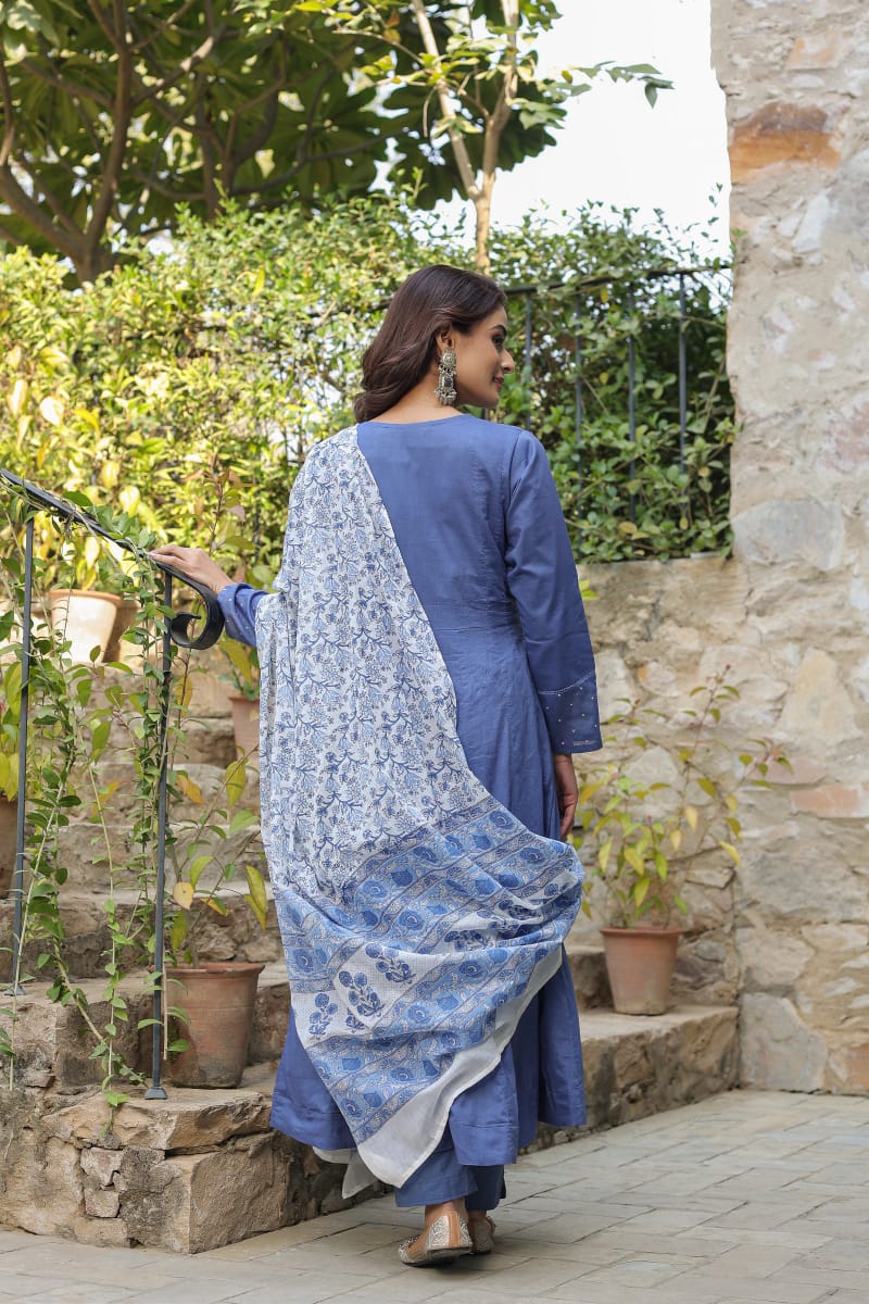 Blue Floral Embroidered Cotton Kurta Suit Set with Dupatta
