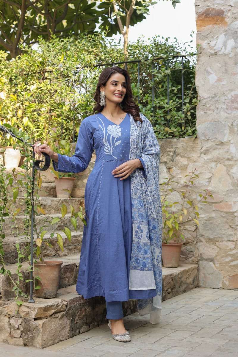 Blue Floral Embroidered Cotton Kurta Suit Set with Dupatta