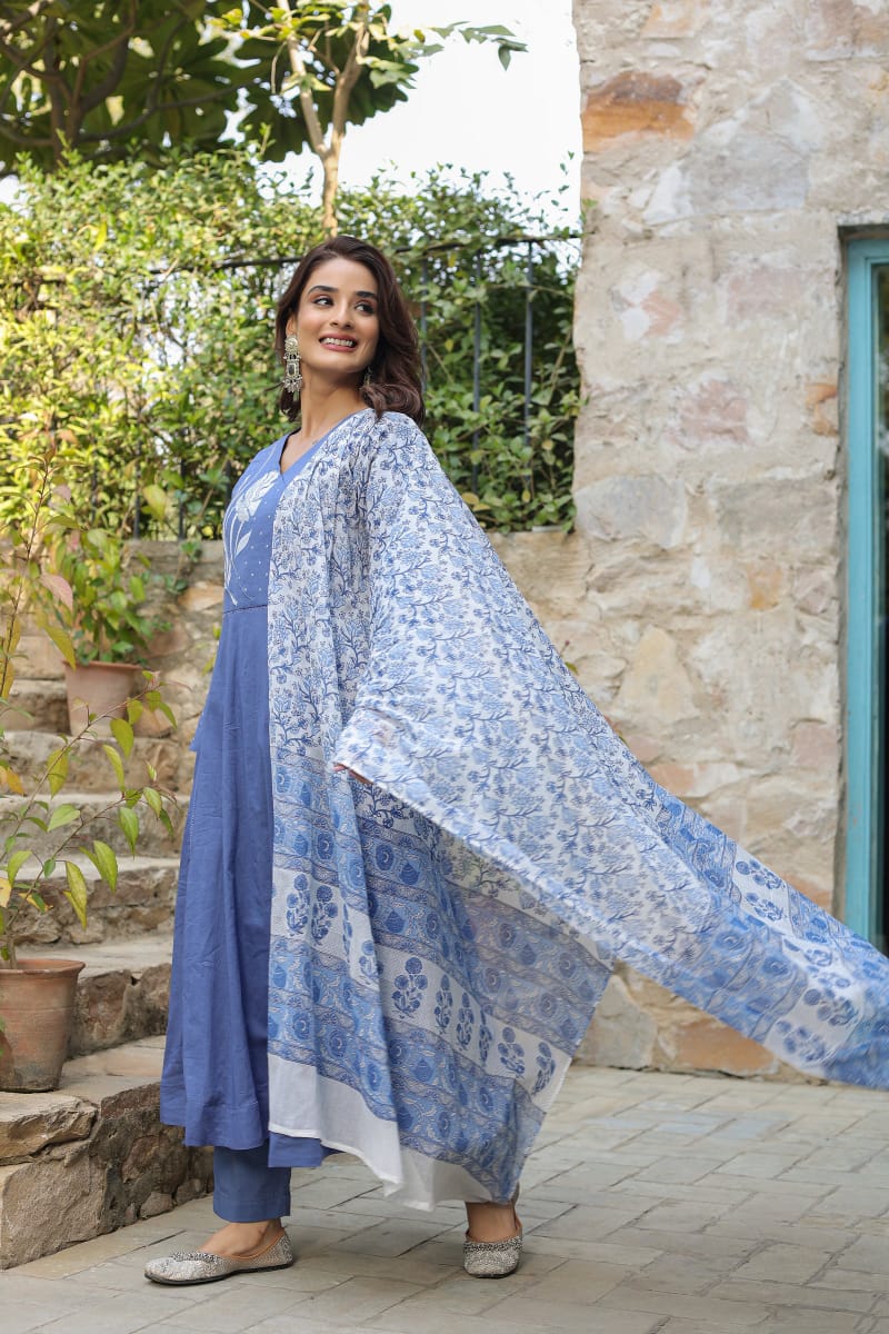 Blue Floral Embroidered Cotton Kurta Suit Set with Dupatta
