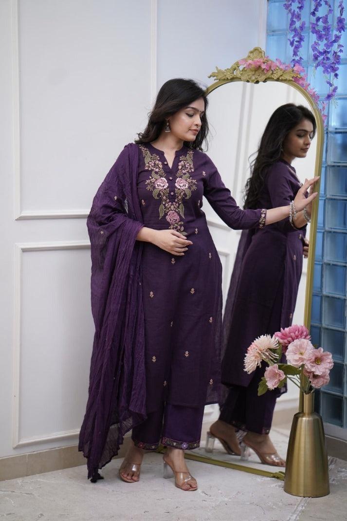 Jaipur Premium Pure Cotton Purple Embroidery Work Suit Set