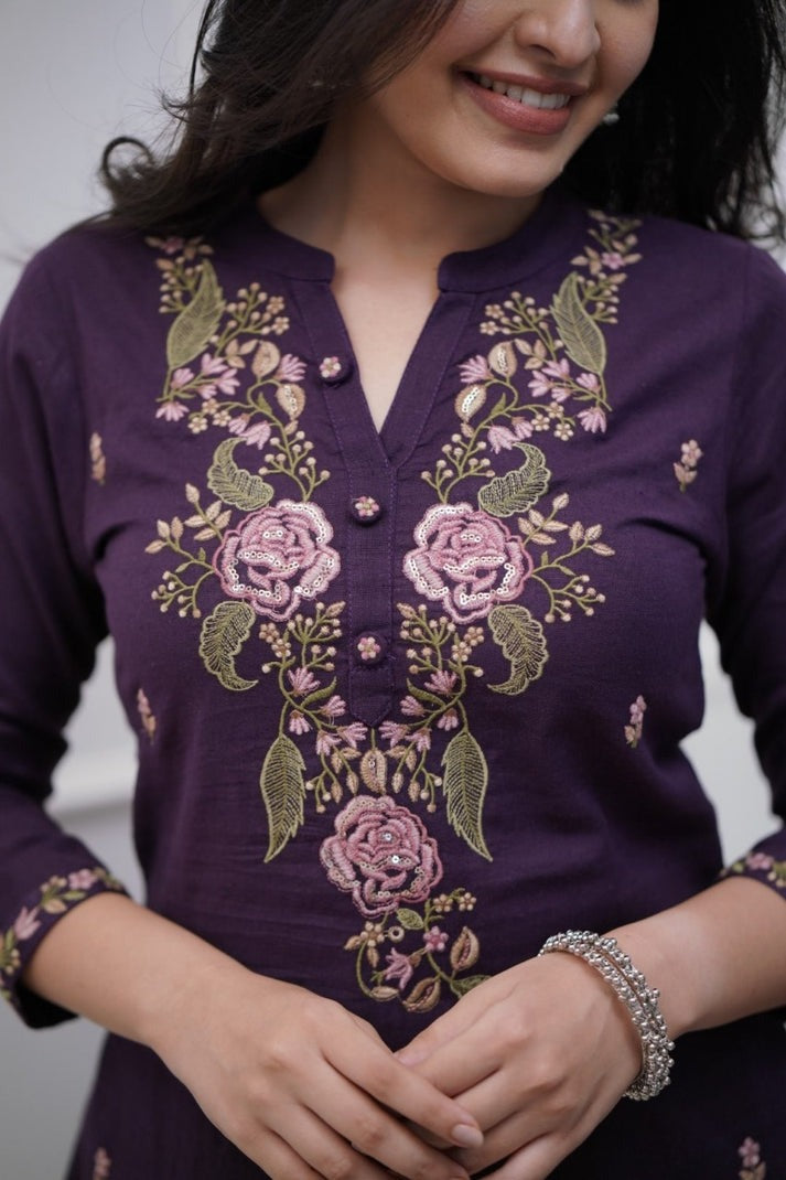Jaipur Premium Pure Cotton Purple Embroidery Work Suit Set