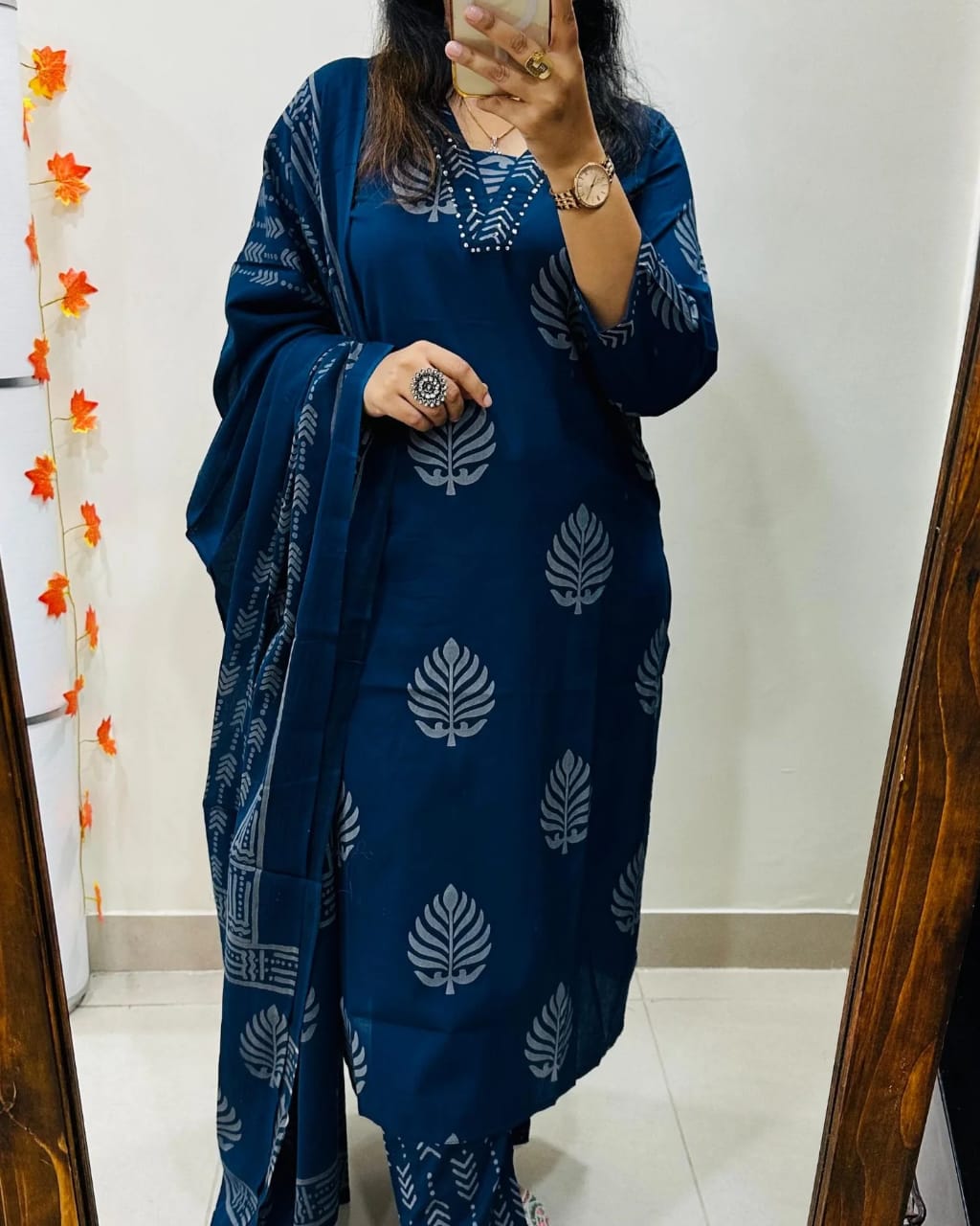 Jaipur Premium Pure Cotton Printed Kurta Pant Dupatta Set (Blue)