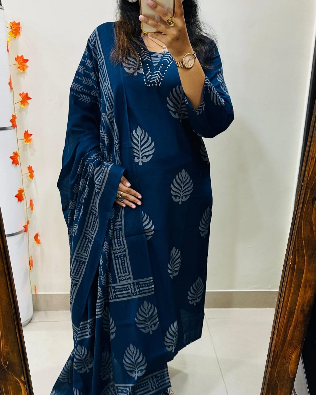 Jaipur Premium Pure Cotton Printed Kurta Pant Dupatta Set (Blue)