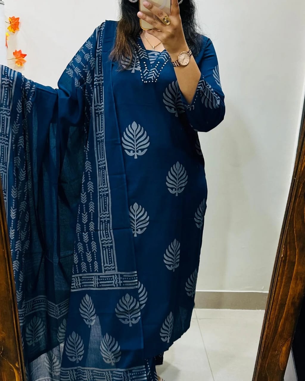 Jaipur Premium Pure Cotton Printed Kurta Pant Dupatta Set (Blue)