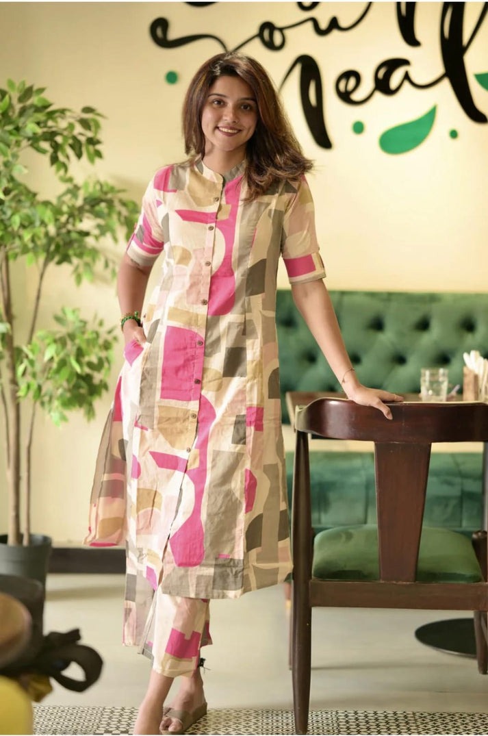 Jaipur Premium Elegant Abstract-Print Cotton Kurta Set For Women