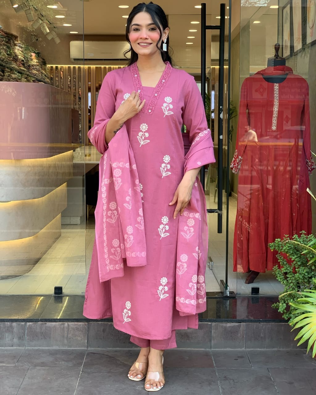 Rose Pink Floral Embroidered Kurti Set