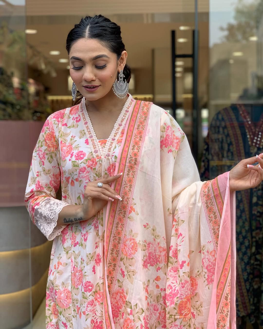 Jaipur Premium Floral Print Pure Cotton Ethnic Kurta Set With Attached Dupatta