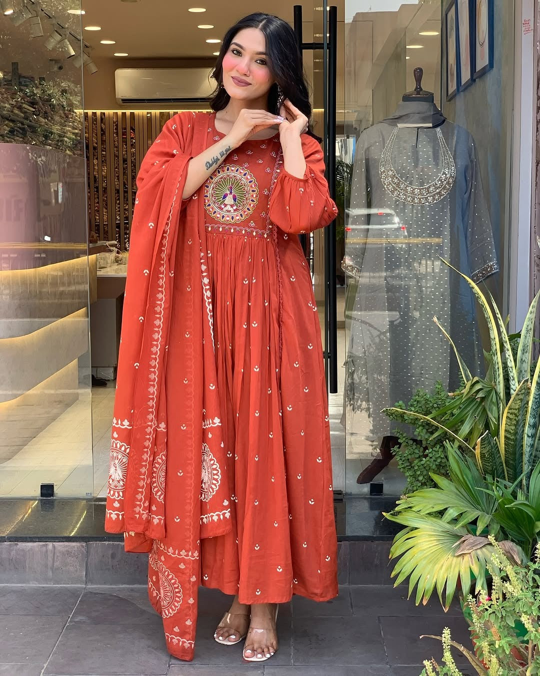 Jaipur Kurta Terracotta Mirror Work Anarkali Set
