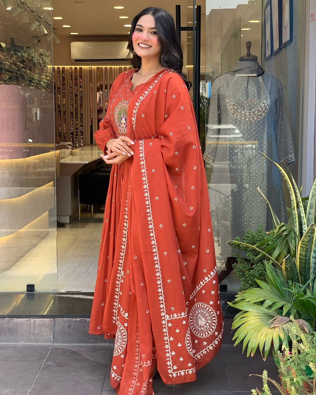 Jaipur Kurta Terracotta Mirror Work Anarkali Set