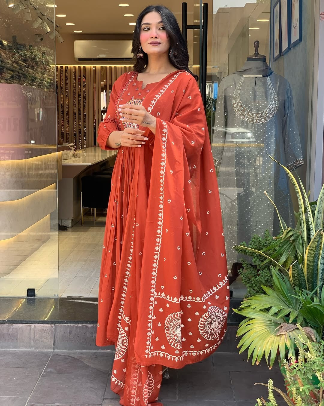 Jaipur Kurta Terracotta Mirror Work Anarkali Set