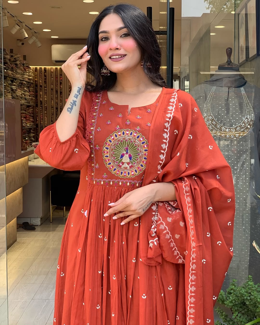 Jaipur Kurta Terracotta Mirror Work Anarkali Set