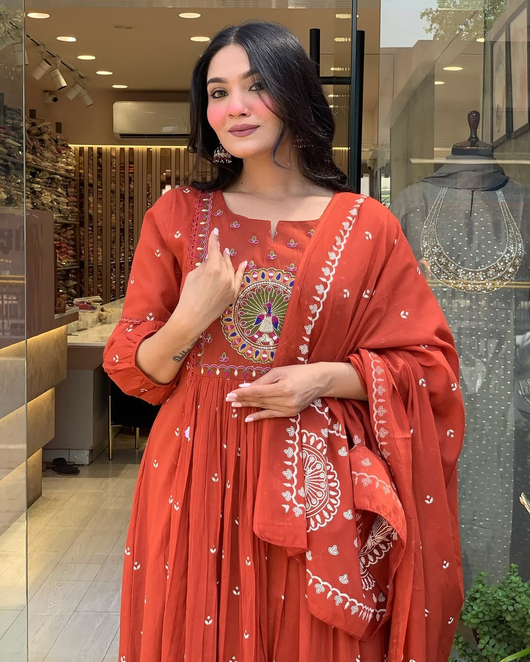 Jaipur Kurta Terracotta Mirror Work Anarkali Set