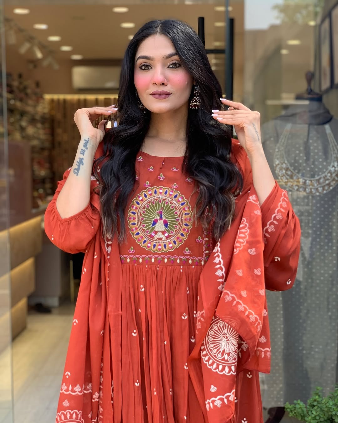 Jaipur Kurta Terracotta Mirror Work Anarkali Set