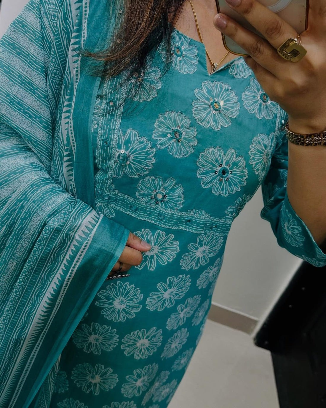 Jaipur Aqua Blue Handblock Floral Kurti Set