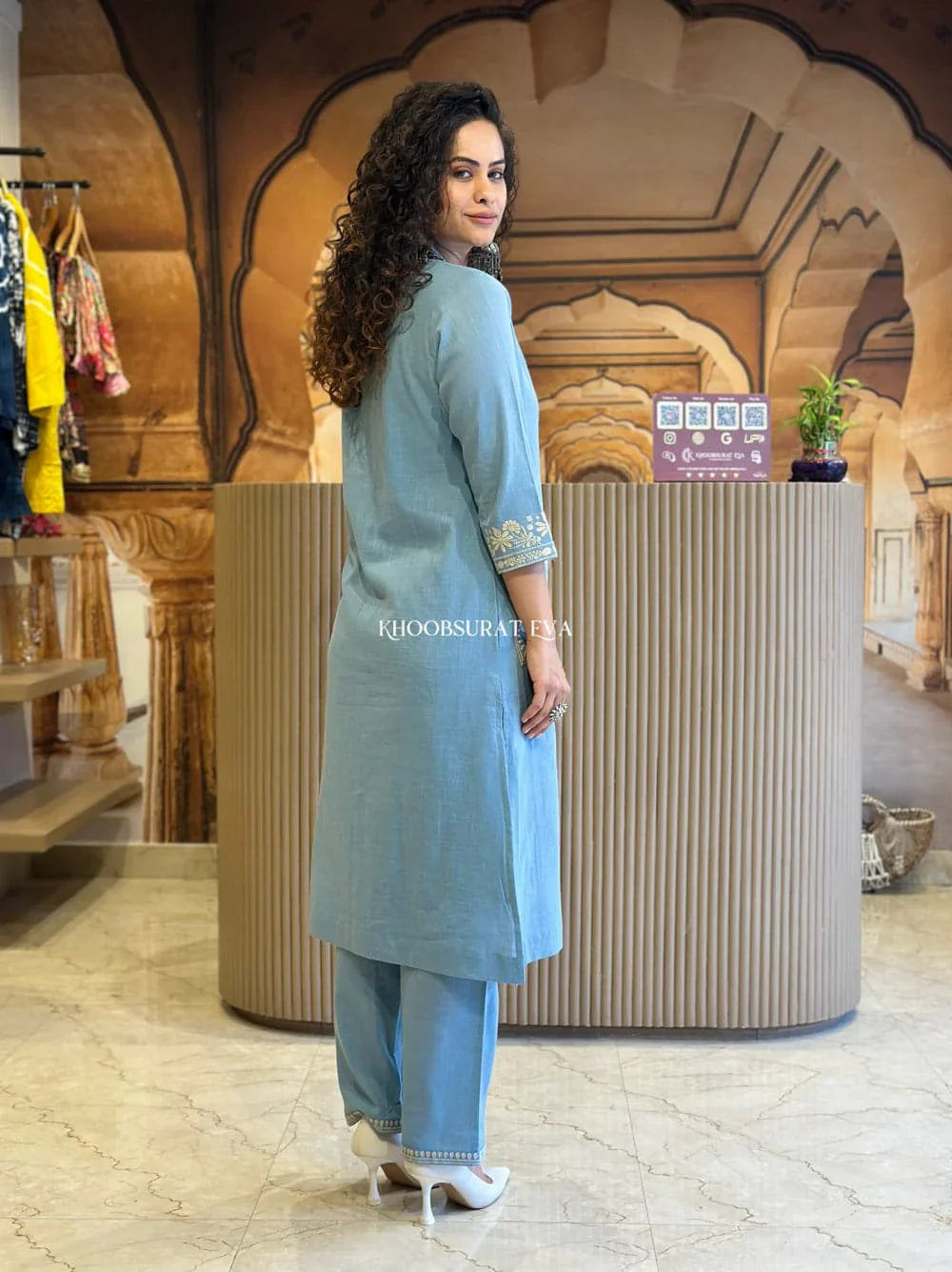 Jaipur Kurta Elegant Sky Blue Embroidered Cotton Kurta Set