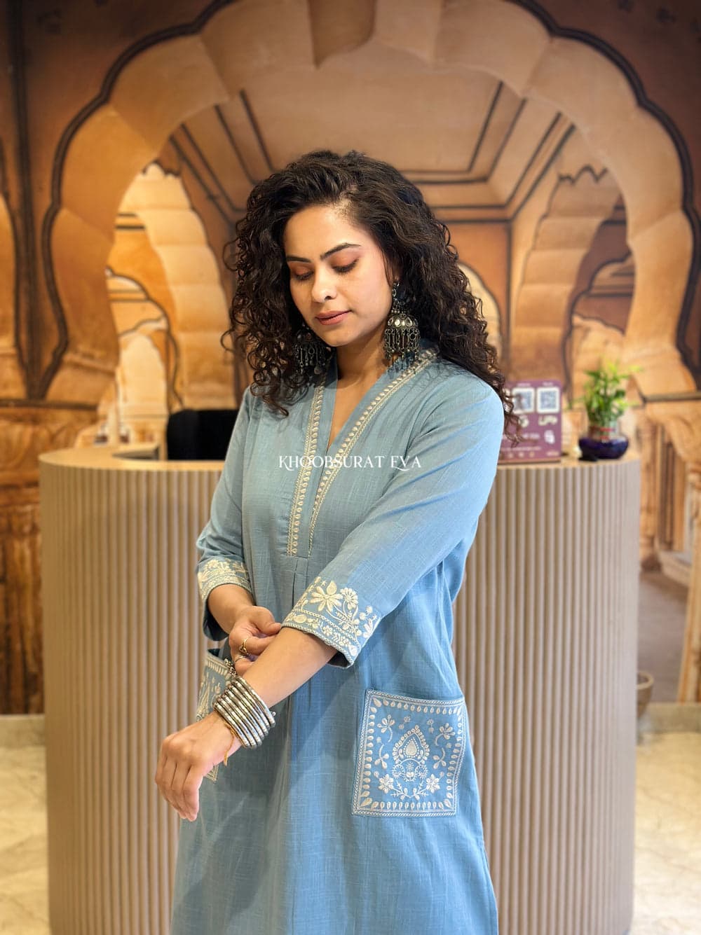 Jaipur Kurta Elegant Sky Blue Embroidered Cotton Kurta Set