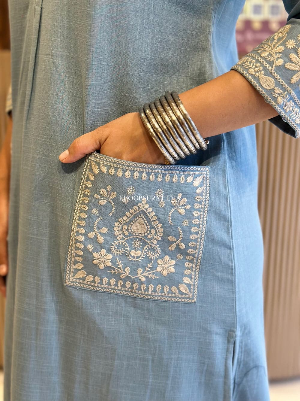 Jaipur Kurta Elegant Sky Blue Embroidered Cotton Kurta Set