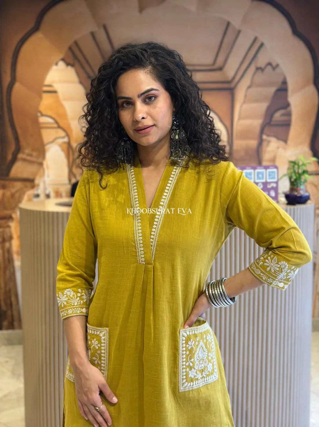 Jaipur Kurta Mustard Yellow Cotton Kurta With White Embroidery