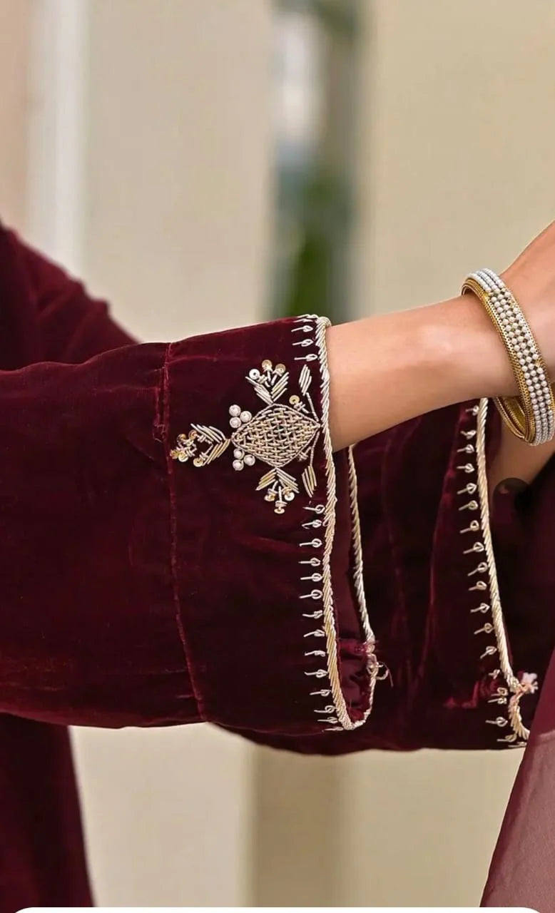 Elegant Maroon Velvet Suit with Embellished Dupatta