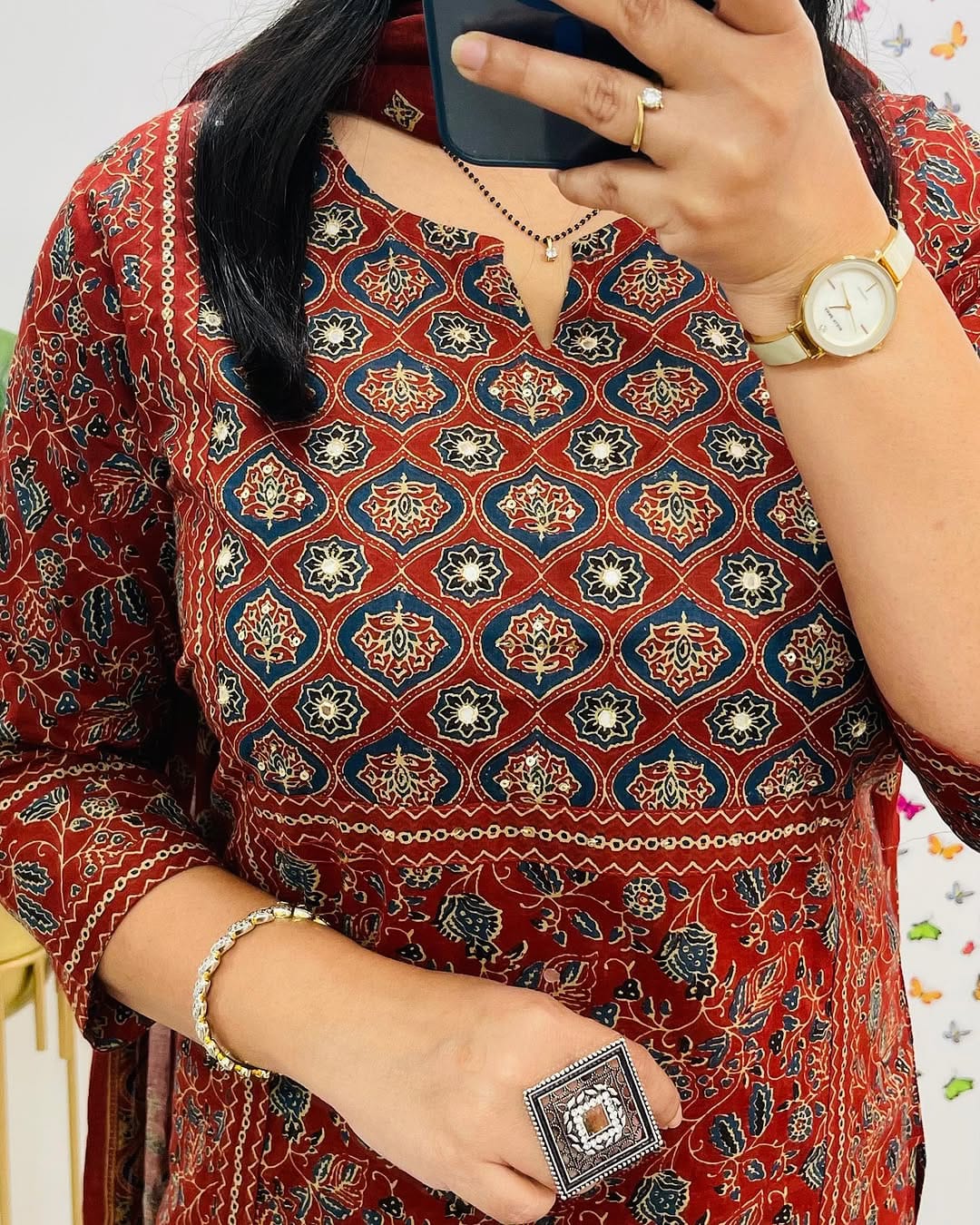 Rust Red Ethnic Printed Kurta Set with Dupatta