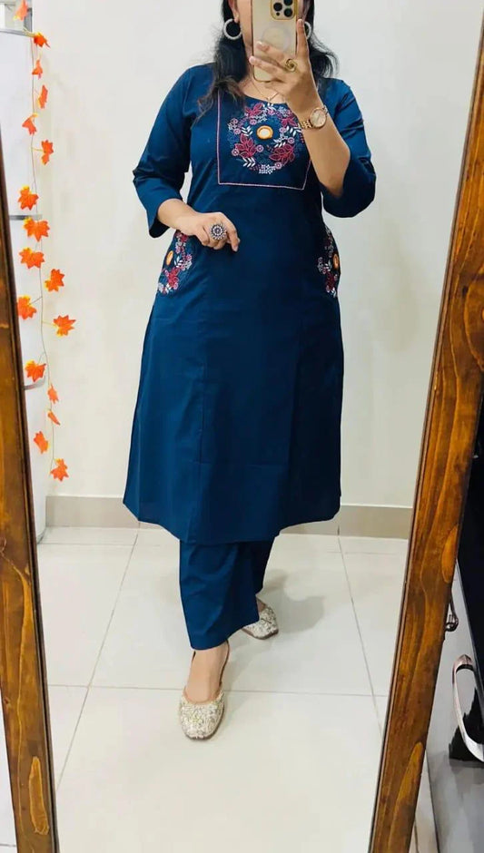 Navy Blue Embroidered Straight Kurta Set with Pants for Women