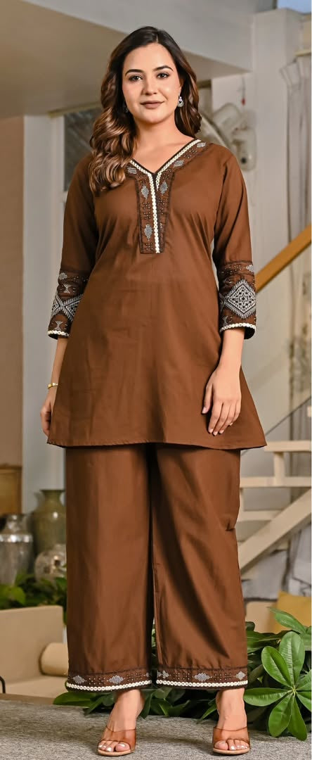 Chocolate Brown Embroidered Kurta Pant Set