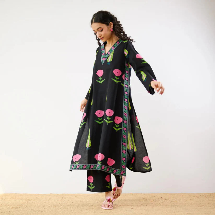Women’s Black Floral Kurta Set with Pants
