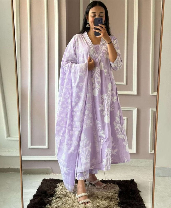 Jaipur Premium Elegant Lavender Cotton Kurta Set For Women