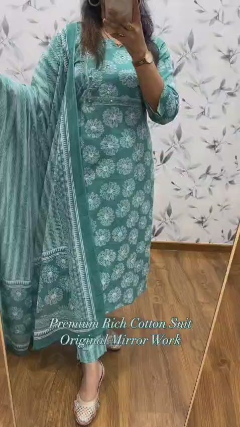 Jaipur Aqua Blue Handblock Floral Kurti Set