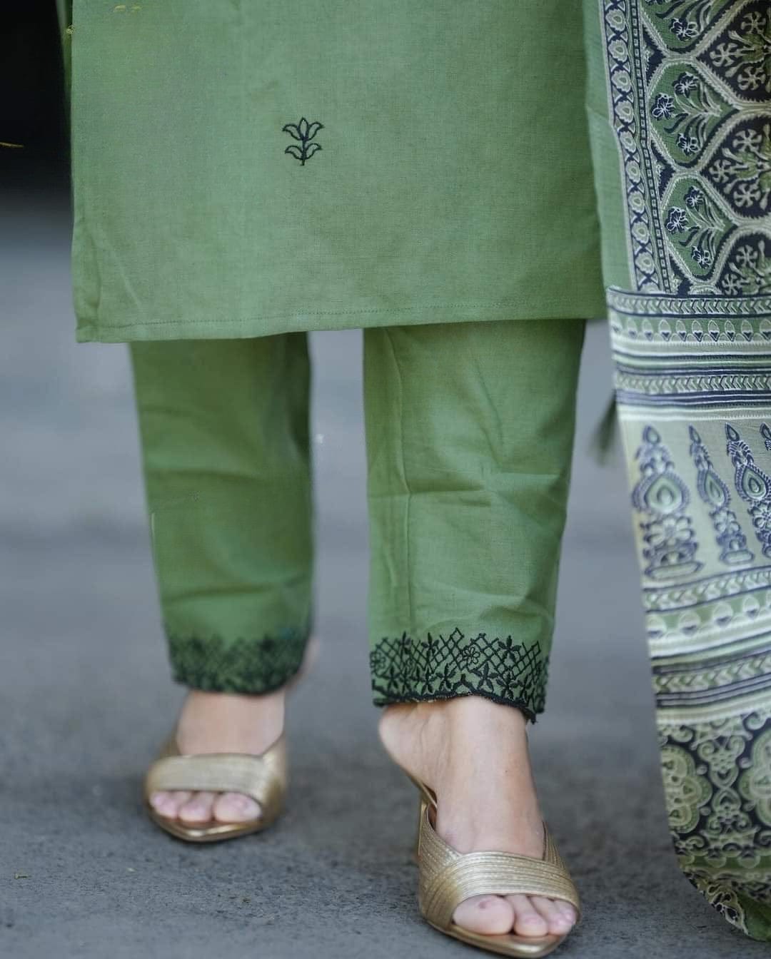 Green Printed Cotton Kurta Pant Set with Designer Dupatta