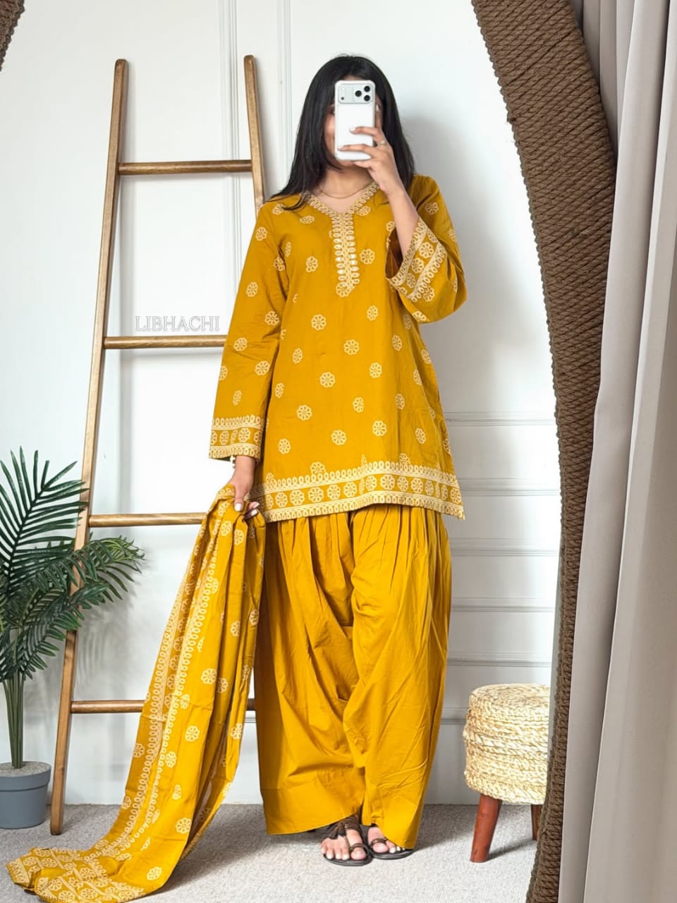 Premium Yellow Floral Printed Kurta Palazzo Suit Set