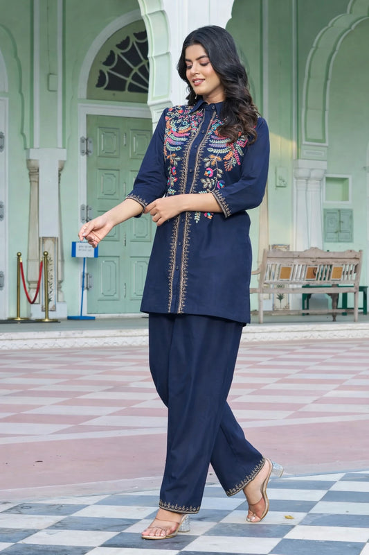 Navy Blue Embroidered Cotton Kurta Pant Set
