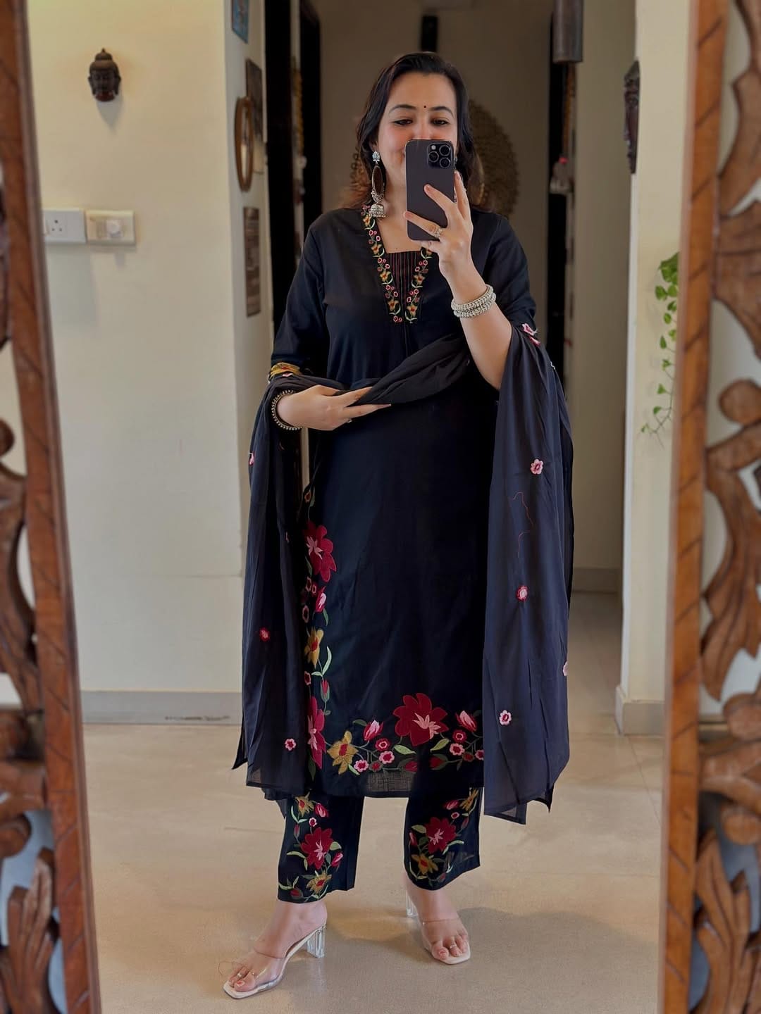 Premium Black Floral Kurti Pant Dupatta Set