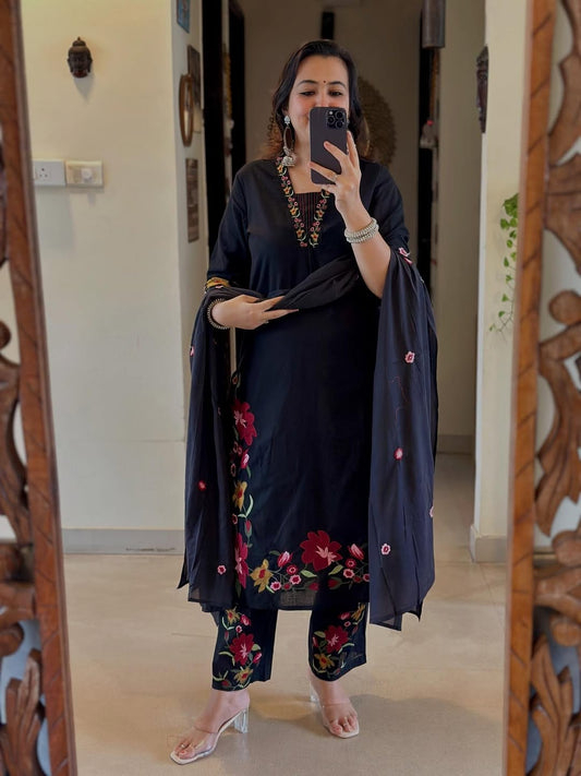 Premium Black Floral Kurti Pant Dupatta Set