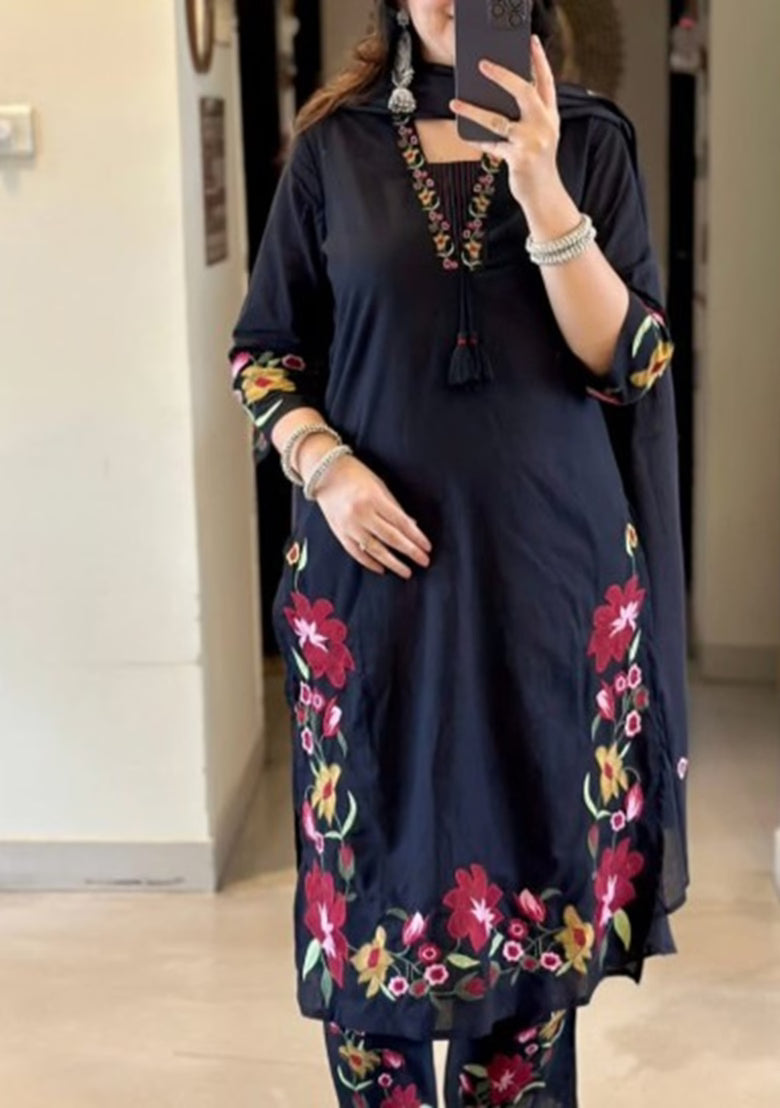 Premium Black Floral Kurti Pant Dupatta Set