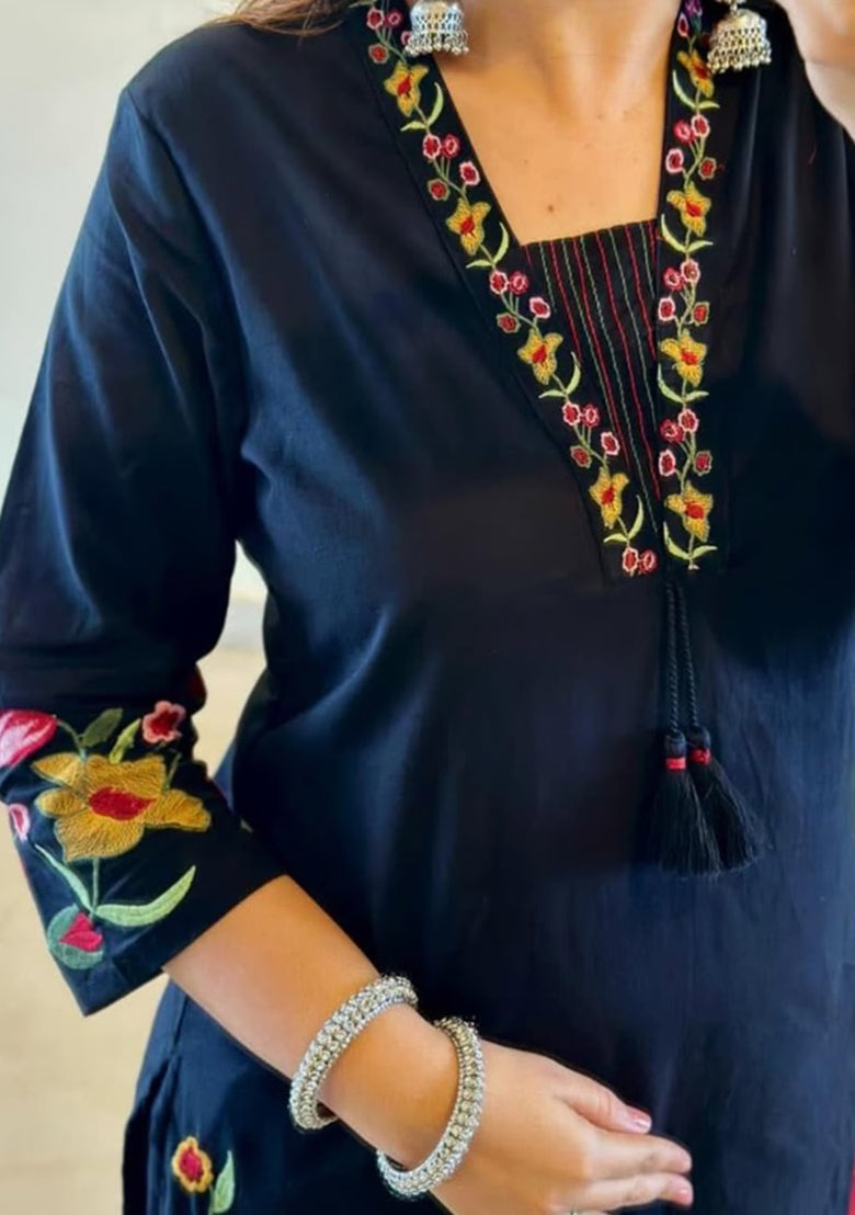 Premium Black Floral Kurti Pant Dupatta Set