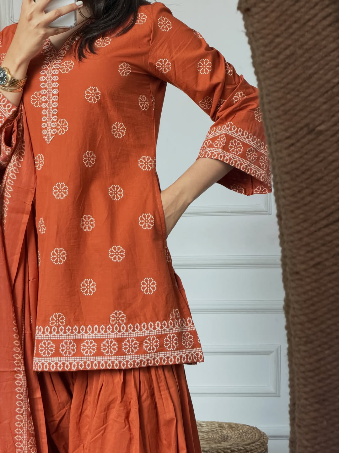 Premium Orange Floral Printed Kurta Palazzo Suit Set