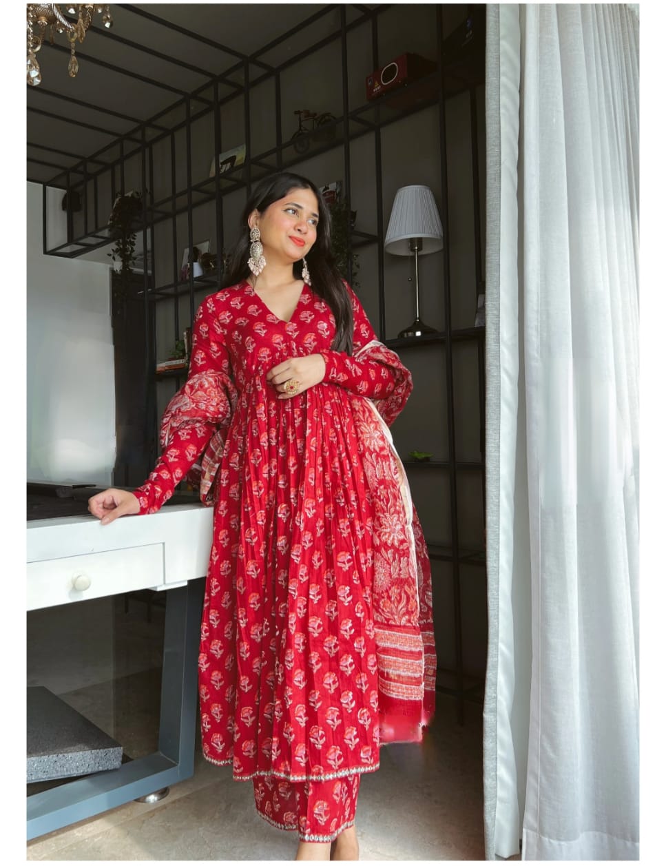 Red Floral Printed Anarkali Kurta Palazzo Set with Dupatta